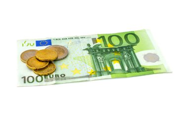 Beyaz üzerine izole edilmiş 100 Euro 'luk bir banknot. Daha fazla boşluk