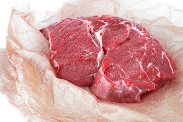 Peça Fresca Carne Crua Vaca Papel Embrulho — Fotografia de Stock