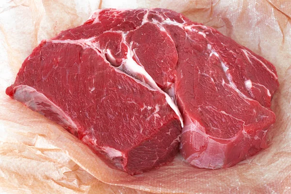Peça Fresca Carne Crua Vaca Papel Embrulho Papel Manteiga — Fotografia de Stock