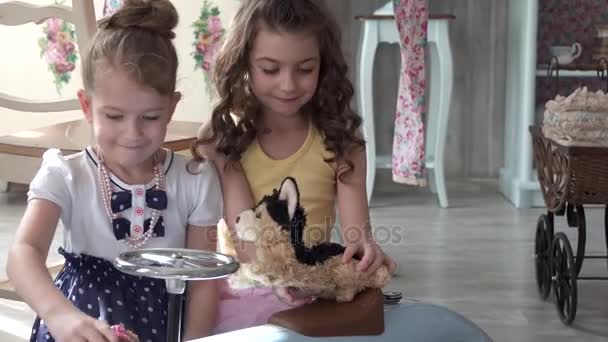 Маленькі дівчата подружки грають в іграшки вдома — стокове відео