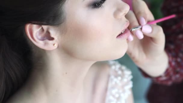 Maquillaje artista pinta los labios de una joven hermosa chica — Vídeo de stock