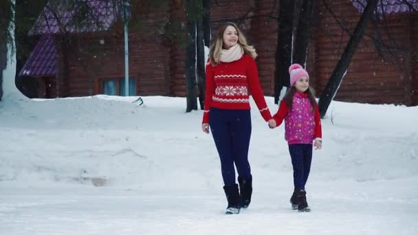 Nadrzędne i podrzędne go trzymając się ręki w zimowym lesie. Mama spędza czas z córką pod krasnalem. zwolnionym tempie — Wideo stockowe