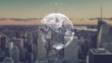Küresel dünya hologram dijital animasyon. Holografik işleme Earth, gökdelenler arka planı. iş süreçleri ve iletişim, teknoloji, bağlantı gösteren resim