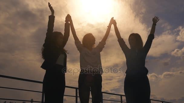 Silhouettes of business women who rejoice in success and victory. The girls on the roof hold hands and exult. Goal achievement and joy. slow motion — Stock Video