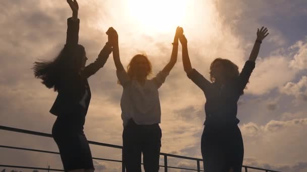 Sagome ragazze che si tengono per mano, saltano, gioiscono e si abbracciano. uomini d'affari gioiscono per il successo di stare sul tetto. rallentatore — Video Stock