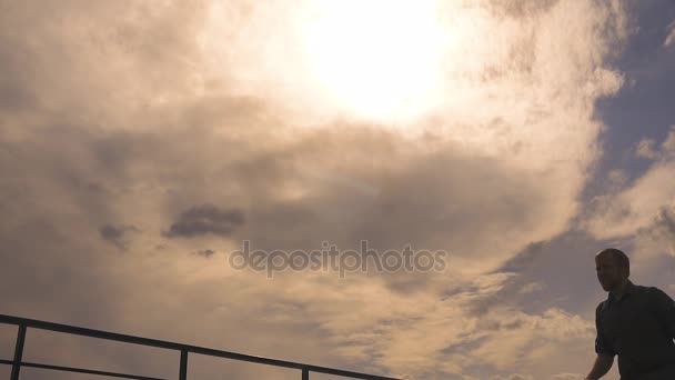 Siluetas de dos hombres dan la mano. conocer a dos hombres de negocios. apretón de manos en el fondo del cielo y la puesta de sol. cámara lenta — Vídeos de Stock