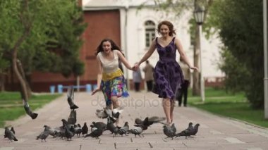 Çekici kız, Park dağıtmak, korkutucu ve dağılım güvercinler çalıştırın. Zaman birlikte açık havada harcamak kız. Kızlar parlak yaz aylarında elbiseler, yaz aylarında parkta yürüyor... ağır çekim