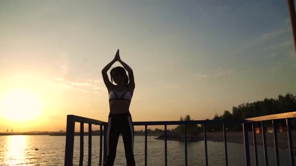 Vacker ung kvinna i sportkläder öva yoga utomhus. 20s flicka gör andningsövningar i gryningen på stranden... slowmotion — Stockvideo