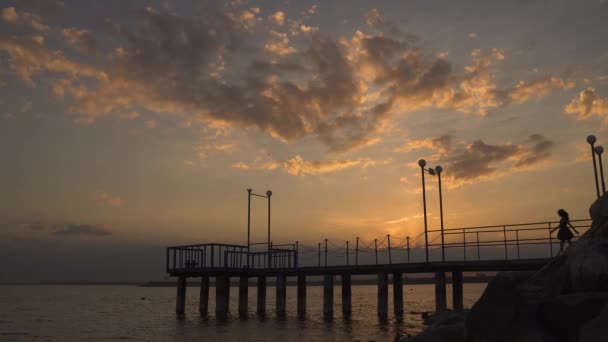 Silhouet van een meisje op een pier bij zonsondergang — Stockvideo