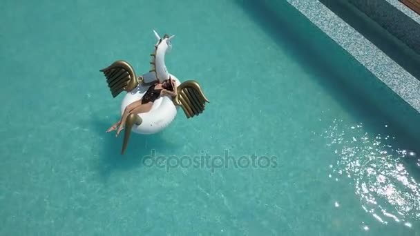 항공-여름 햇볕을 즐기는 칵테일 수영장에서 휴가 기간 동안 선탠 하는 비키니에 있는 섹시 한 여자 수영장에서 여자입니다. Quadrocopter와 함께 촬영 — 비디오