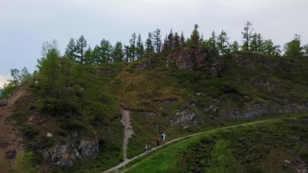 Hava. Aile dağlarda yayılıyor. Havadan görünümü. Anne çocuklu bir dağ yolu üzerinde yürüme. Altay, Sibirya. Hava kamera vurdu — Stok video