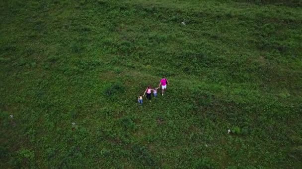 Antenowe. Szczęśliwa rodzina poszedł camping. rodzice spaceru wraz z ich dzieci na łące u podnóża gór. Ałtaj, Siberia. Aerial strzał kamera — Wideo stockowe