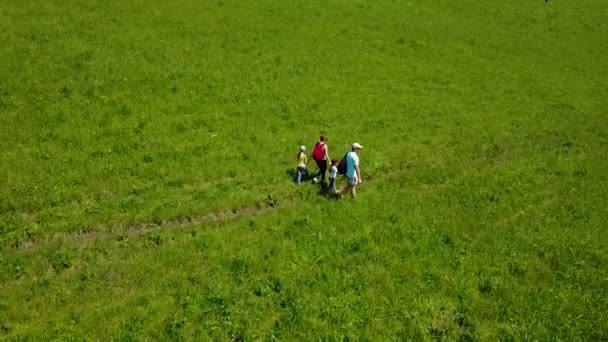 Aérien. voyageurs en famille avec de jeunes enfants. père, mère et fille sont partis en voyage de camping. touristes avec sacs à dos marchant sur une prairie — Video