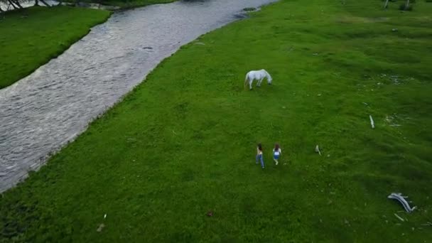 Aérien. Les petites filles courent dans une prairie. enfants jouant et s'amusant à l'extérieur. sœur courut à la rivière de montagne. Caméra aérienne prise — Video
