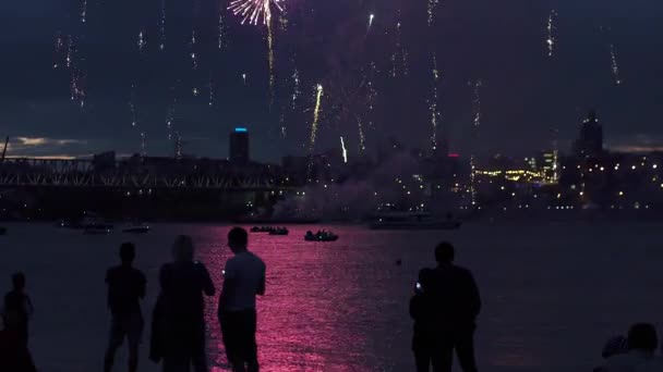 Mensen silhouetten tegen een achtergrond van vuurwerk. groep mensen genieten van het uitzicht op de stad nacht en vuurwerk — Stockvideo