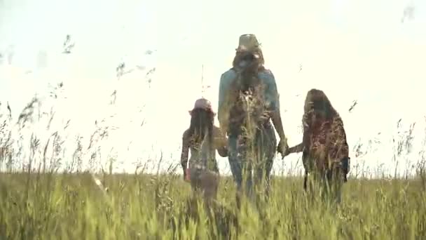 Mother and children are walking in the meadow. Family spending time outdoors. Two little girls went camping with their mother — Stock Video