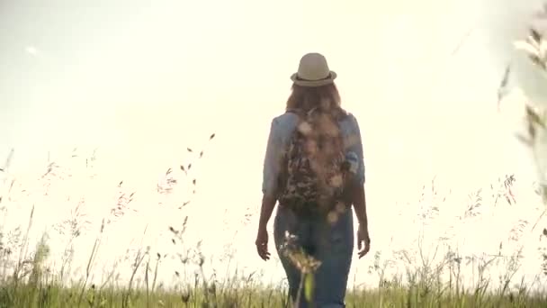 Turystyczna młoda dziewczyna idzie na łące. podróżnik kobieta sobie okulary przeciwsłoneczne, kapelusz i plecak — Wideo stockowe