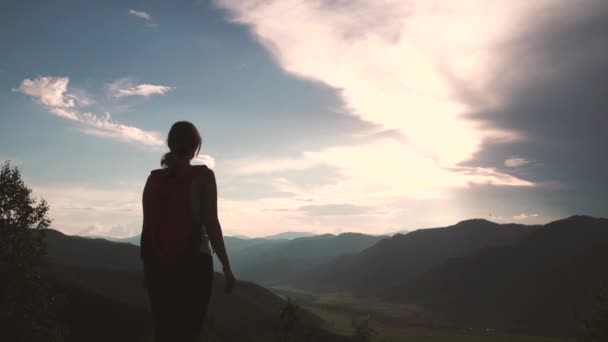 Turista na alta montanha apreciando a vista. menina vencedor alegremente levanta as mãos — Vídeo de Stock