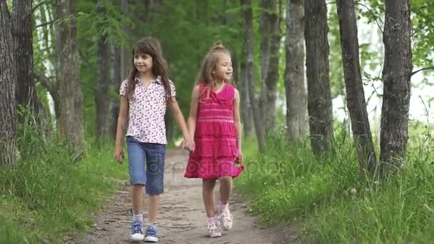 Due bambine si tengono per mano e camminano lungo il vicolo verde. i bambini camminano all'aperto. due sorelline. rallentatore — Video Stock