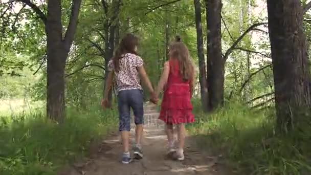 Две маленькие девочки держатся за руки и идут по зеленой аллее. дети гуляют на улице. две маленькие сестры — стоковое видео