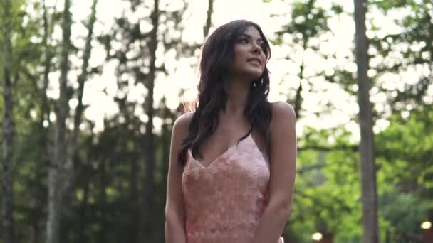Portrait of a beautiful girl in an evening dress in the rays of the setting sun — Stock Video