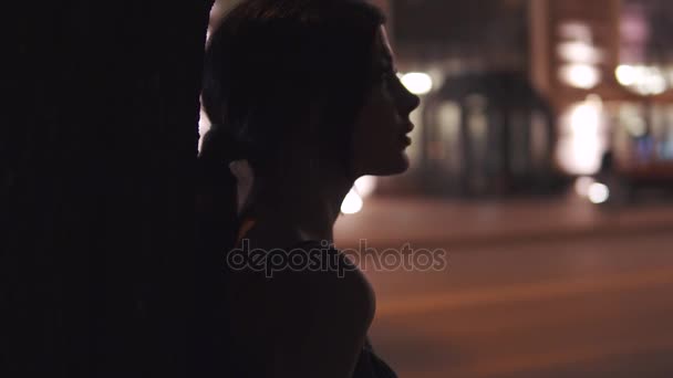Силует красивої дівчини на тлі нічних міських вогнів — стокове відео