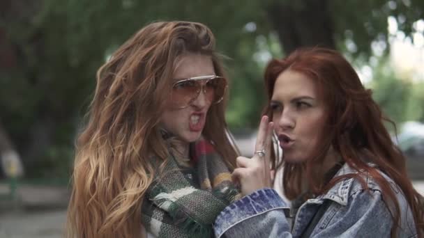 Portrait rapproché de deux filles rousses. copines qui s'amusent et qui s'amusent. au ralenti — Video