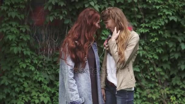 Portret van twee zorgeloos roodharige vriendinnen die lachen en knuffel. 20s — Stockvideo