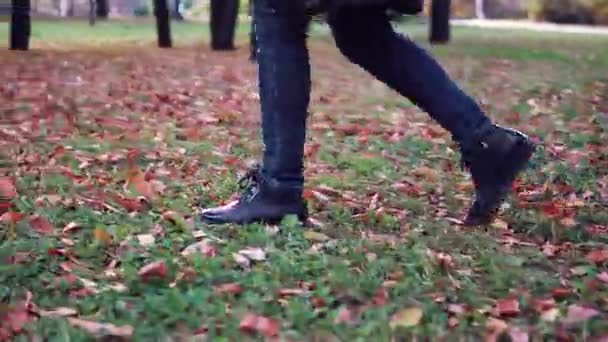 年轻女子在秋天公园散步。女性的脚特写。女孩在落叶上行走. — 图库视频影像