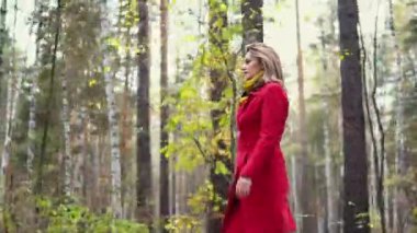 genç kadın kırmızı paltolu bir sonbahar park boyunca yürüyüş. güzel kız sıcak bir sonbahar öğleden sonra zevk