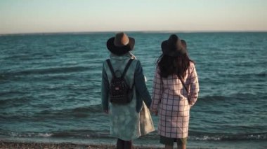 kız arkadaşı deniz üzerinde duran desteklemek ve manzarasının tadını çıkarın. gün batımında sonbahar paltolu iki genç kadın. Arkadan Görünüm