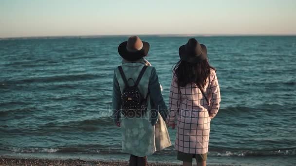 Novia de pie en la orilla del mar y disfrutar de la vista. dos mujeres jóvenes con abrigo de otoño al atardecer. la vista desde atrás — Vídeos de Stock