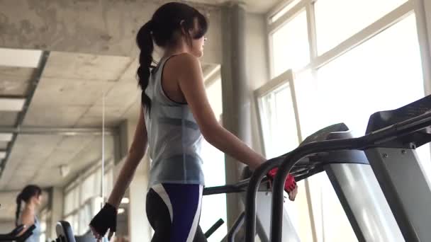 Mujer joven camina en una caminadora en el gimnasio. ejercicios de cardio en el gimnasio — Vídeos de Stock