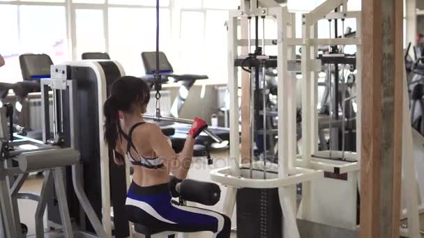 Deportista atractiva haciendo un ejercicio en un aparato de entrenamiento en el gimnasio. chica haciendo un ejercicio sobre los músculos de la espalda — Vídeos de Stock