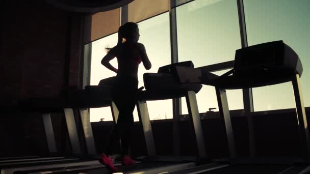 Cardio på löpbandet. övningar för viktminskning. silhuetten av en flicka på ett löpband. ung sportig tjej kör på löpbandet på gymmet. atlet i sportkläder — Stockvideo