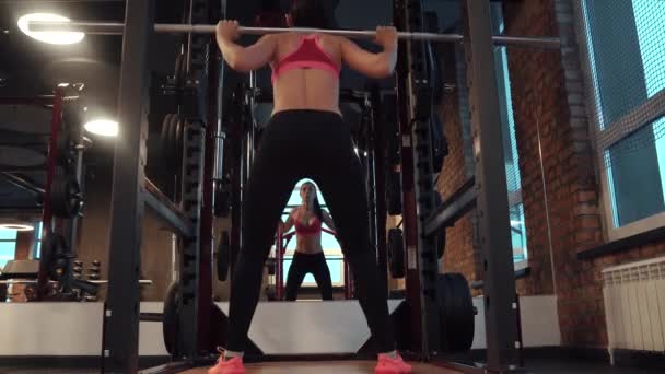 Una joven deportista haciendo abdominales con una barra en el gimnasio. chica en ropa deportiva hace entrenamiento de fuerza en sus piernas. vista posterior — Vídeos de Stock