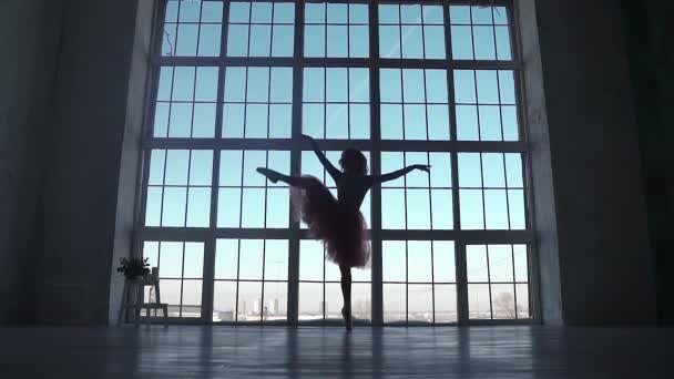 silueta baletka na pozadí velké okno. baletka točí v pointe boty. silueta baletka v klasické tutu