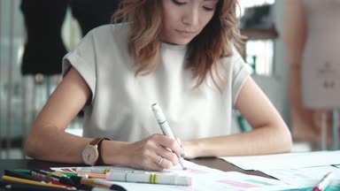 Bir giyim mağazasında çalışan genç bir Asyalı kadın. Bir moda tasarımcısı kağıda yazı yazar..