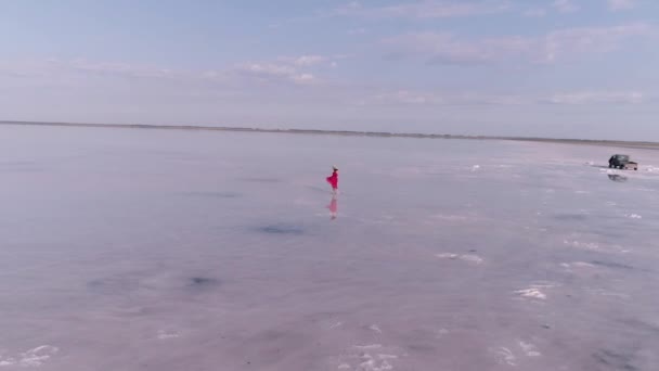 Молода жінка в червоній літаючій сукні ходить на рожевому солоному озері. вид з повітря — стокове відео