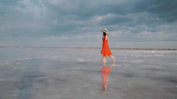 Νεαρή γυναίκα τουρίστρια σε ένα κυματιστό φόρεμα περπατά κατά μήκος μιας αλμυρής λίμνης στην οποία ο ουρανός αντανακλάται — Αρχείο Βίντεο