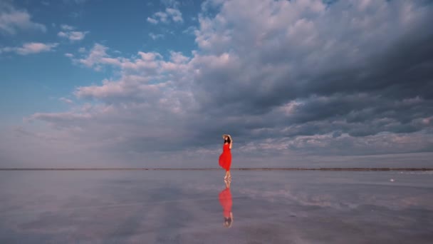 Retrato de uma jovem mulher em um vestido fluttering. Menina viajante caminha em um lago de sal rosa — Vídeo de Stock