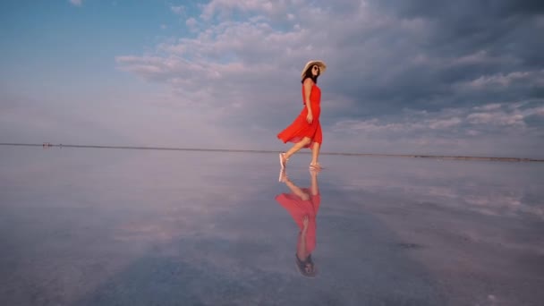 Mädchen in flatterndem Kleid geht an einem rosa Salzsee entlang, in dem sich der Himmel spiegelt — Stockvideo