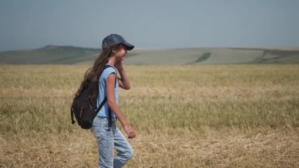 Enfant voyageur avec un sac à dos marche sur un terrain vallonné — Video