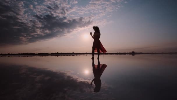 Silhueta de uma mulher em um vestido ondulante em um fundo pôr do sol — Vídeo de Stock