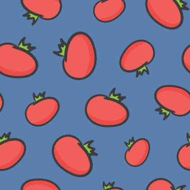 Mavi arka planda domateslerin kusursuz arkaplanı. Taze domates deseni.