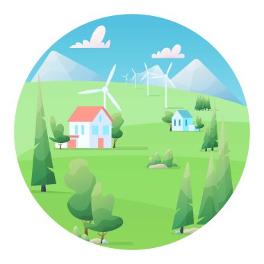 Çiftlik Peyzajı Vektörü illüstrasyonu. Rüzgâr enerjisi dönüştürücüsü olan güzel yaz arazileri..