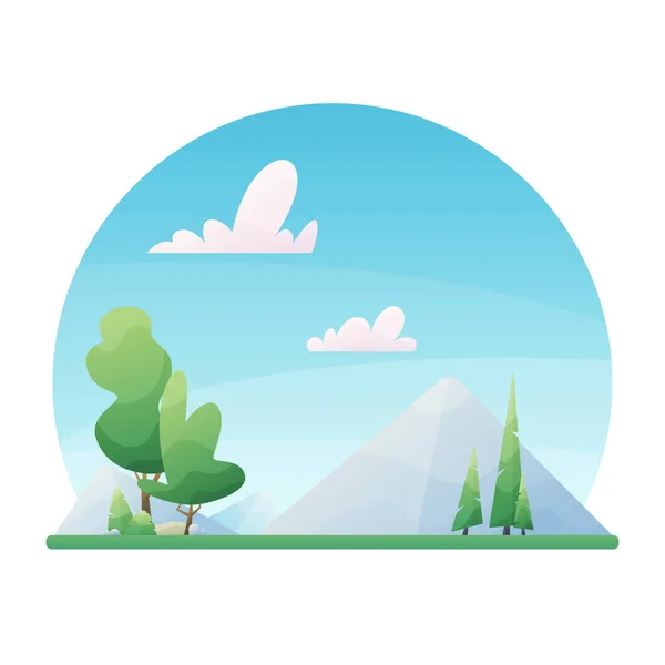 Illustration de paysage journée ensoleillée en style plat avec montagnes, forêt et nuages . — Image vectorielle