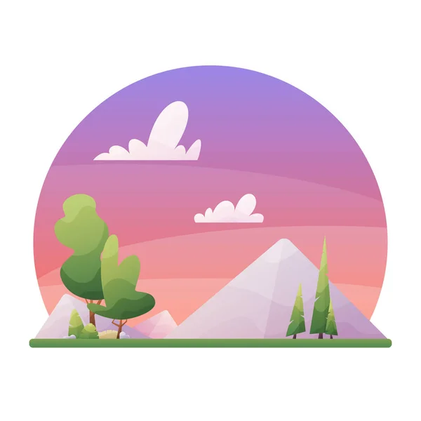 Illustration du paysage du soir en style plat avec montagnes, forêts et nuages . — Image vectorielle