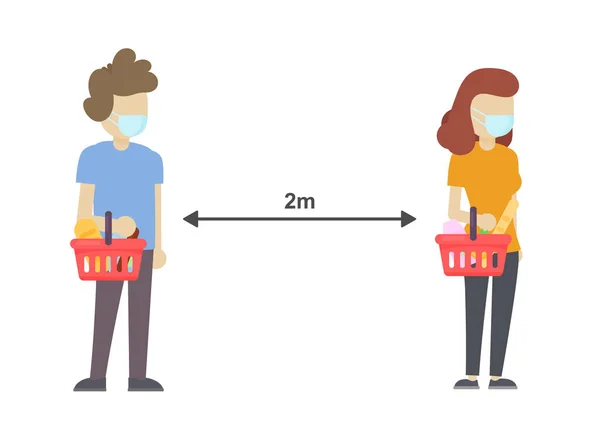 Distanciamiento social en la tienda, a 2 metros de distancia segura . — Archivo Imágenes Vectoriales