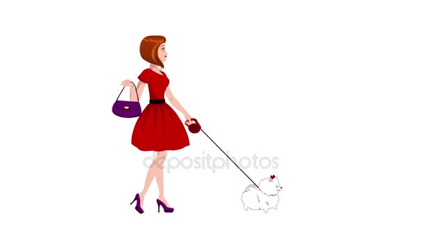 Beautiful young girl walking with her little dog loop animation with alpha mate — Stock Video